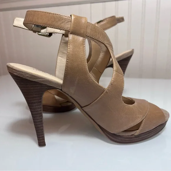 Nine West Marcalie Tan Leather Platform Sandals Strappy Peep Toe Block Heel sz 9 - Picture 8 of 16